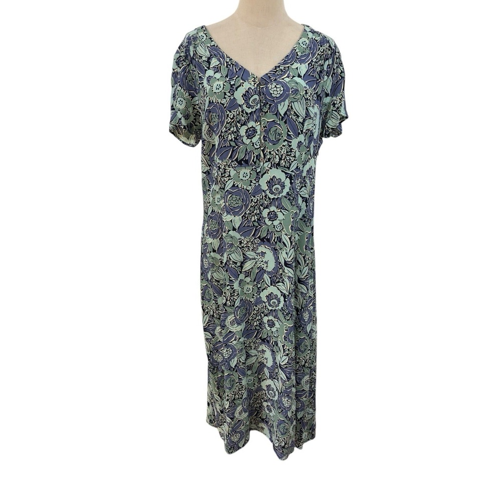 Eddie Bauer Dress Floral Midi XL Blue Green Boho Cottagecore